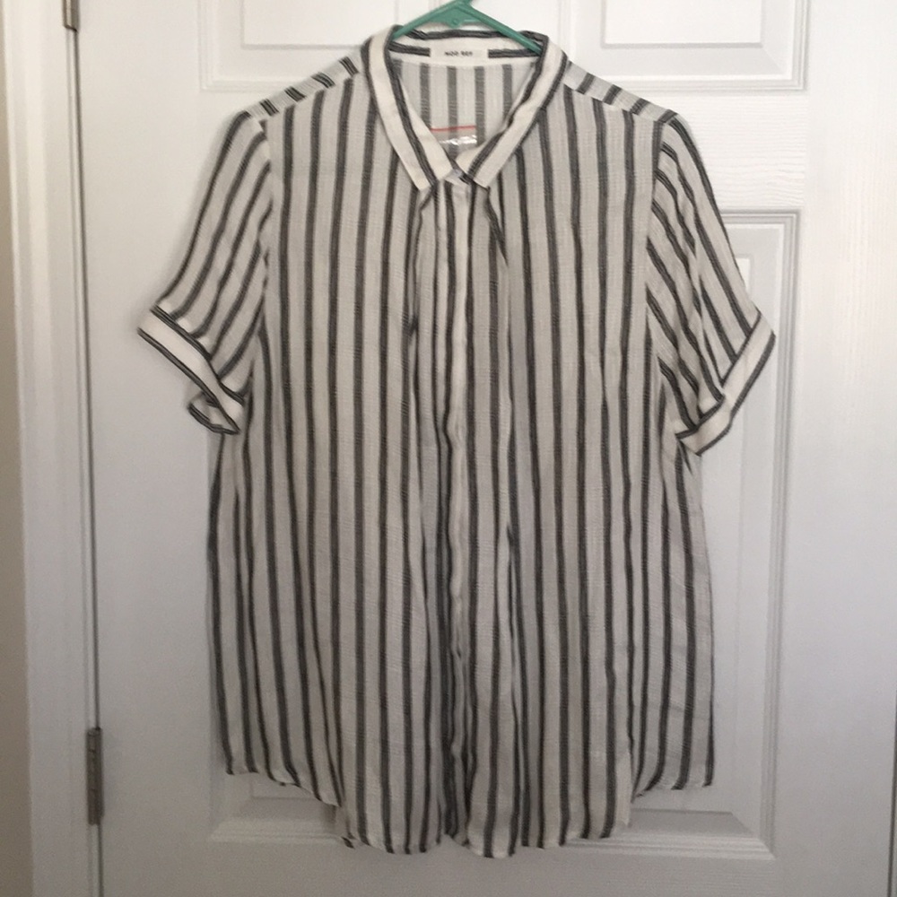 Black and white striped button down blouse.